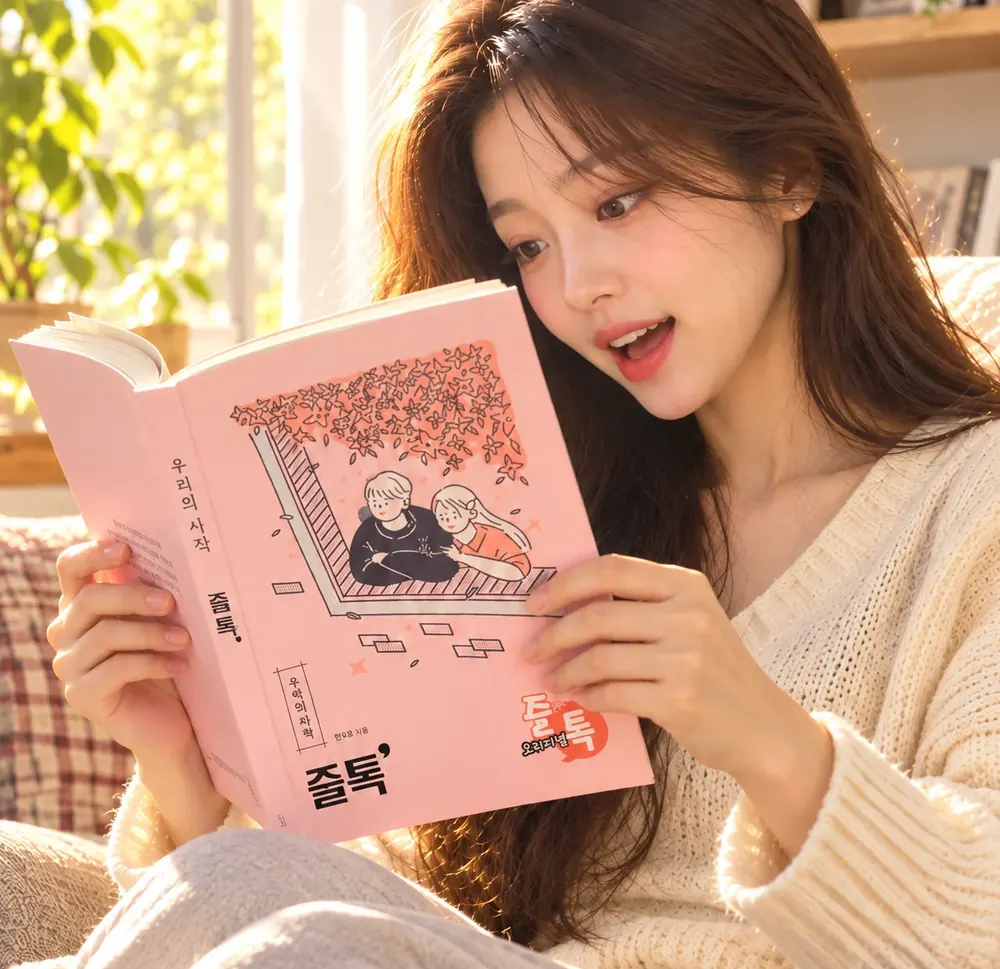 창가 소파에서 즐톡 책을 읽는 여성